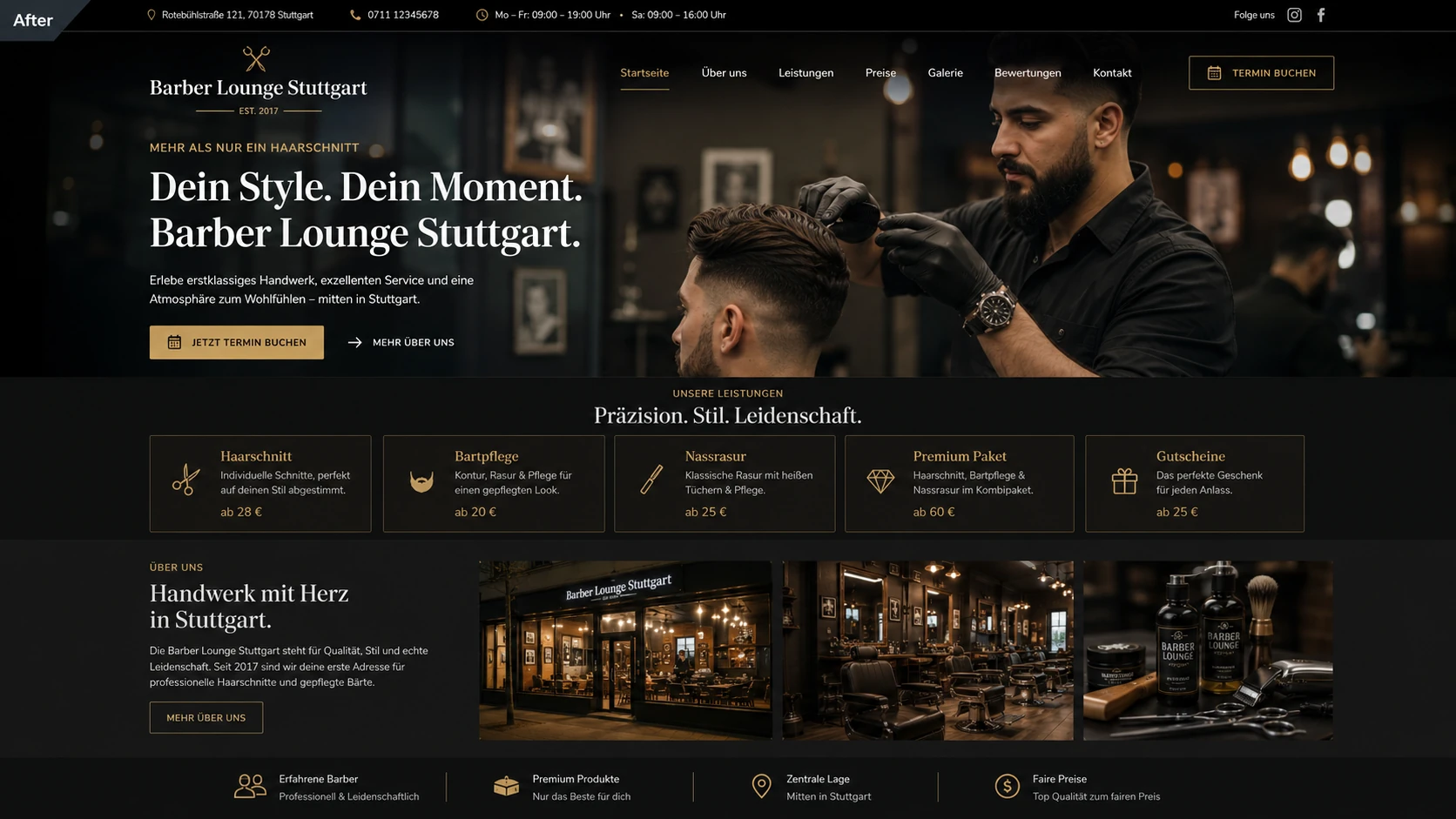 Neuer Auftritt der Barber Lounge Stuttgart: ruhiger dunkler Aufbau mit großem Bild, klarer Leistungsübersicht und Preisen.