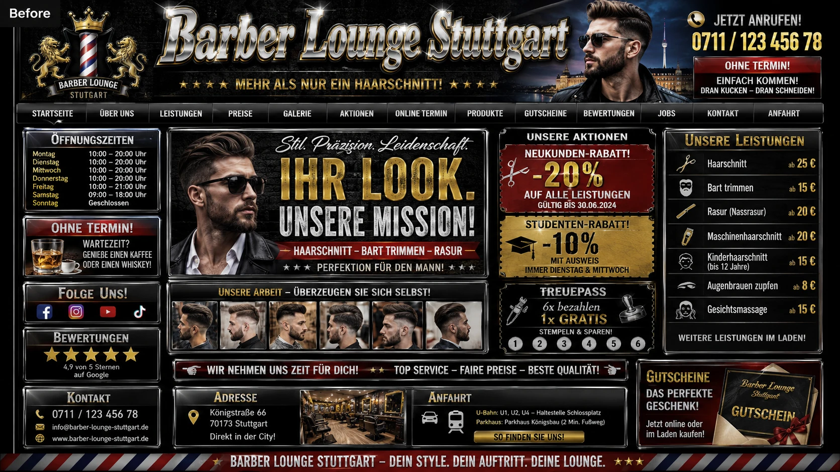 Alter Auftritt der Barber Lounge Stuttgart: schwarz-goldenes Layout mit Rabattbannern und dicht gefüllten Kästen.