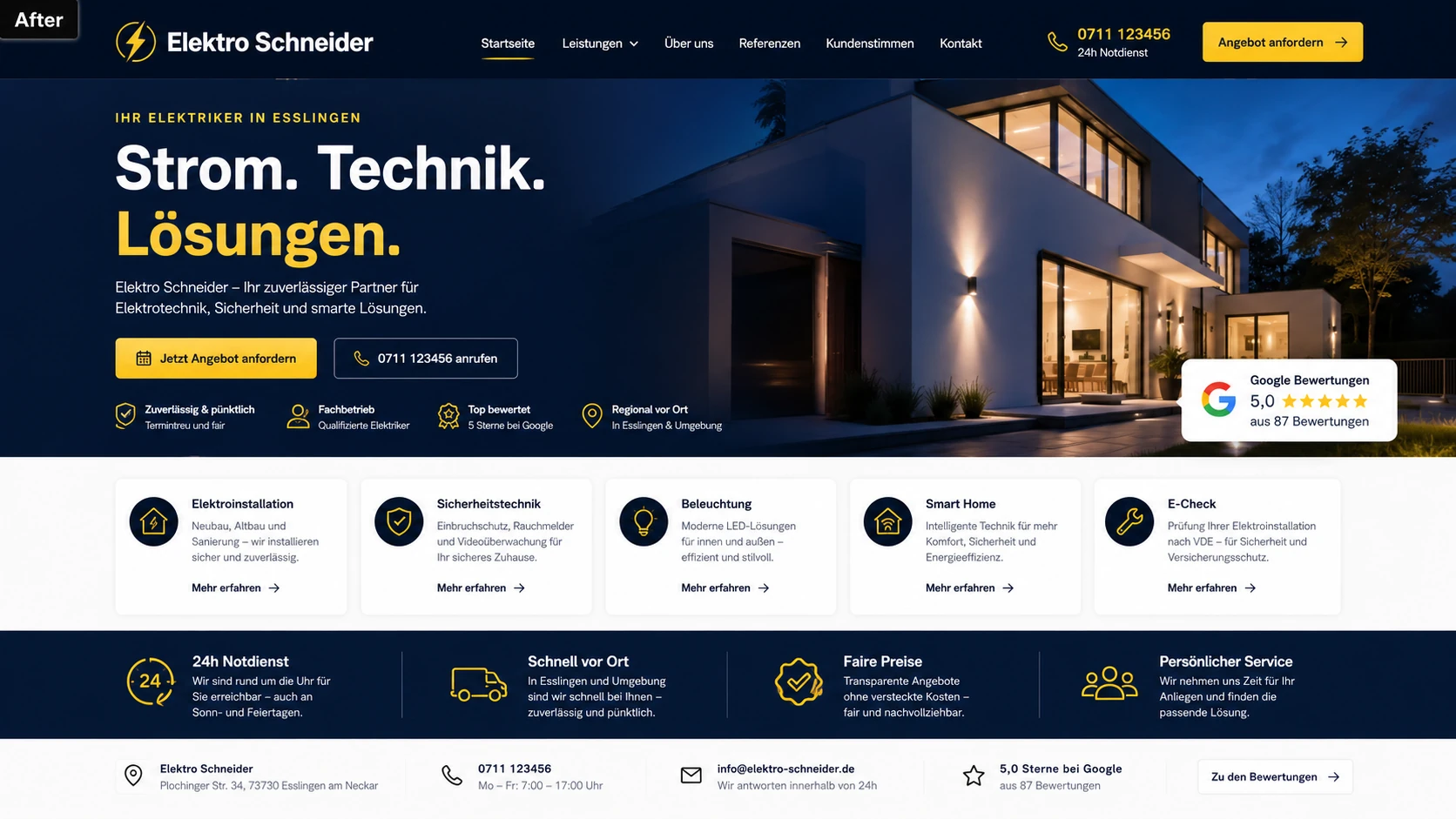Neuer Auftritt von Elektro Schneider: dunkler Startbereich mit großer Überschrift, Leistungskacheln und hervorgehobenem Notdienst.