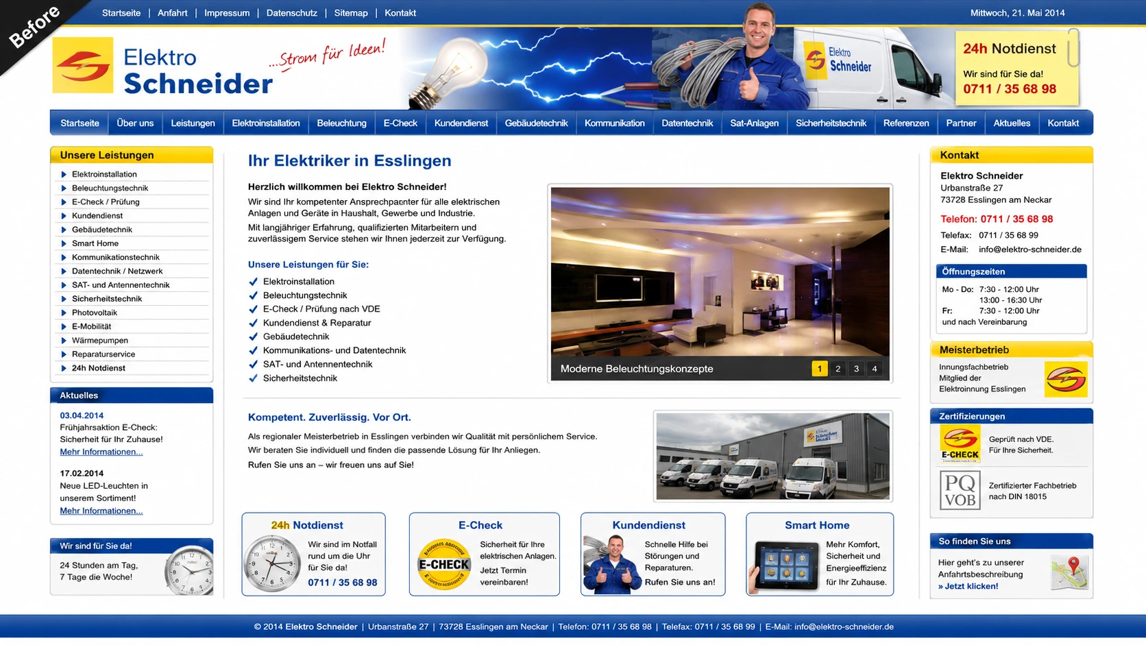 Alter Auftritt von Elektro Schneider: blaues Tabellenlayout mit dreizeiliger Navigation und drei Textspalten.