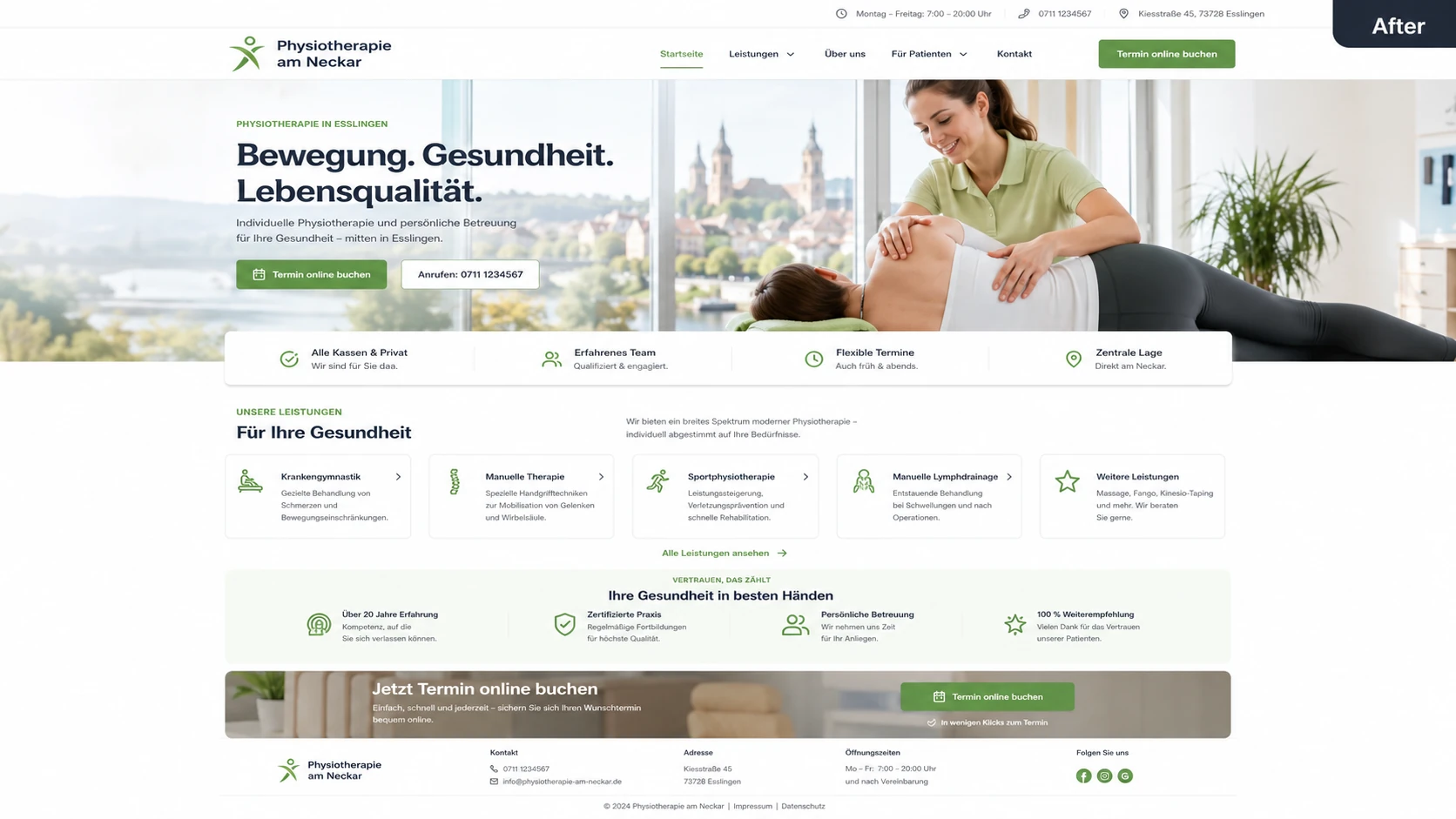 Neuer Auftritt der Physiotherapie am Neckar: helle Gestaltung mit großem Bild, Leistungskacheln und Online-Terminbuchung.
