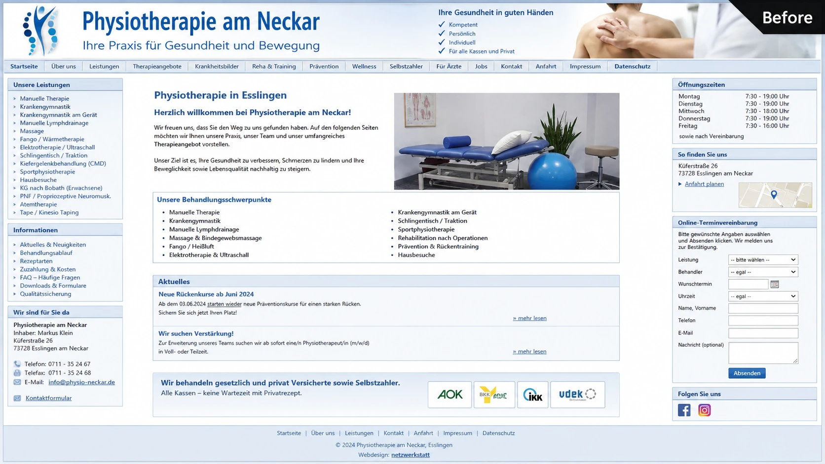 Alter Auftritt der Physiotherapie am Neckar: hellblaues Layout mit langen Linklisten in der Seitenspalte.